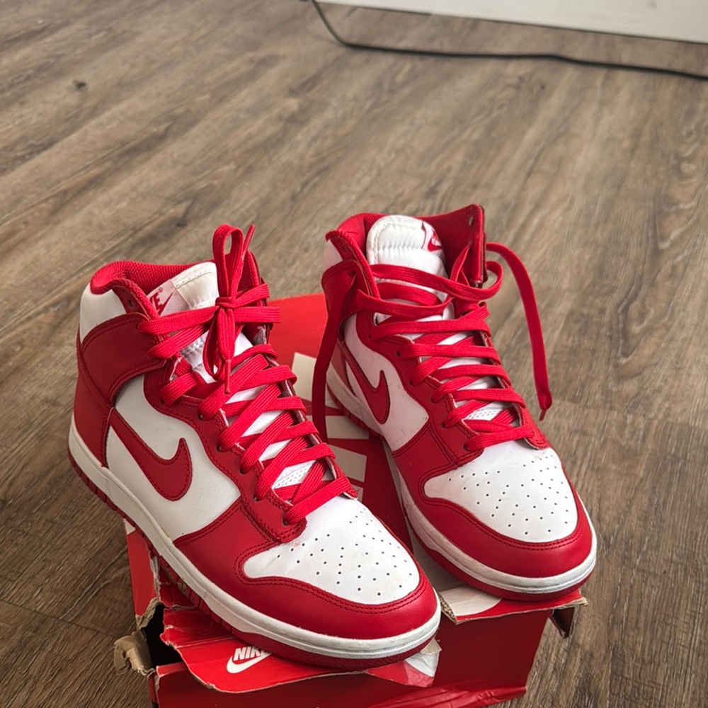 Authentic Nike Dunk Hi Red and White High-Top Sneakers - Picture 1 of 14